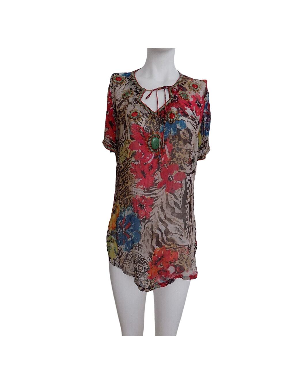 Chico's silk top boho beaded short sleeve floral turquoise stone size 1 Small